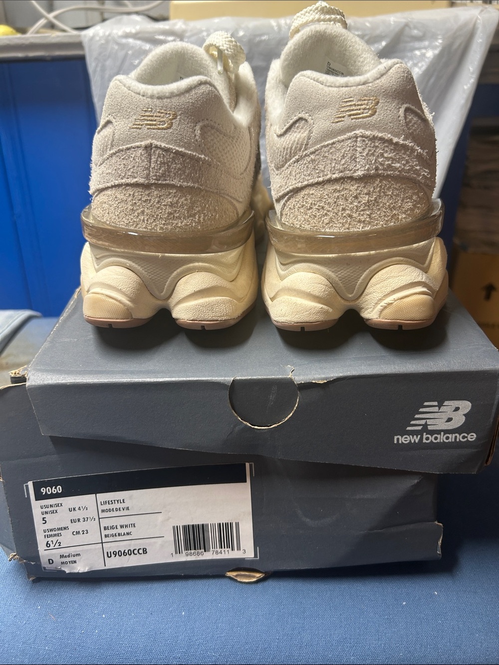 New Balance 9060 Beige White Textured Chunky Sneaker - Picture 2 of 5